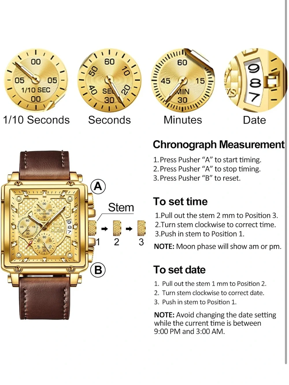 OLEVS Golden Square Chronograph Watch with Brown Leather Strap